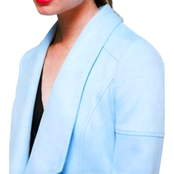 White House Black Market Ice Blue Faux Suede Drape Front Jacket W/ Zipper Detail - Picture 3 of 9